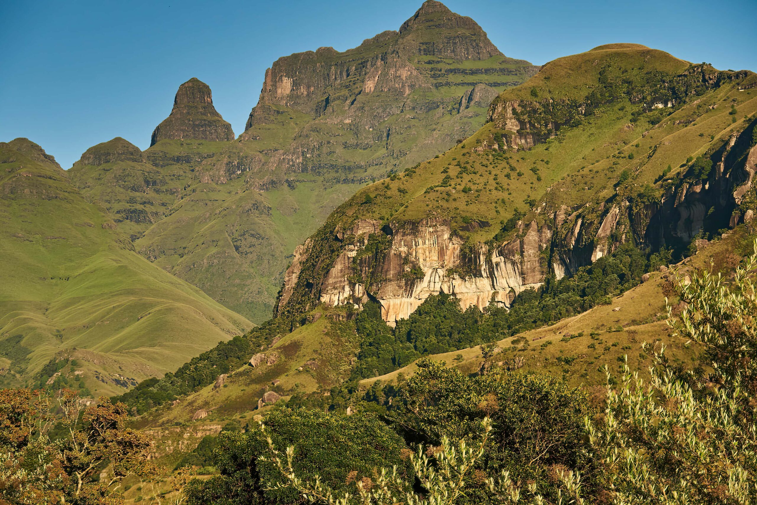 The Drakensberg Mountains. Cathedral Peak from Cathedral Peak Hotel in South Africa.