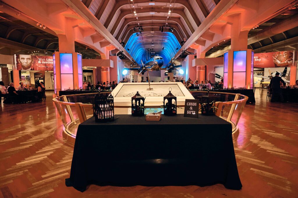 Gothic wedding card box set up in front of the reception area at the Henry Ford Museum