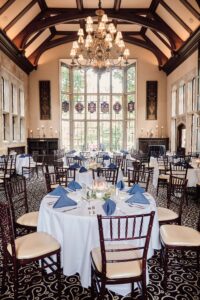 Inside of the great hall at Pine Knob Mansion set up for a wedding.