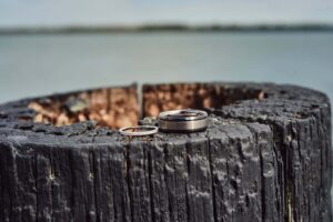 Wedding bands sitting on a dock log  along the Detroit River at Silver Shores