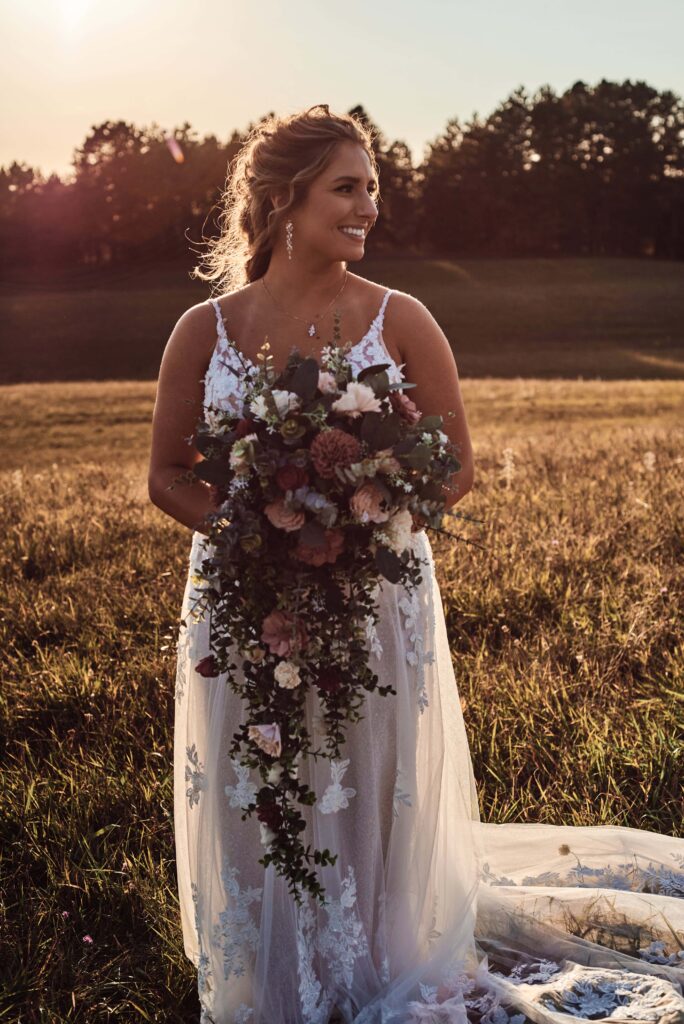 Bride at Sunset at Sunset Hill wedding Barn